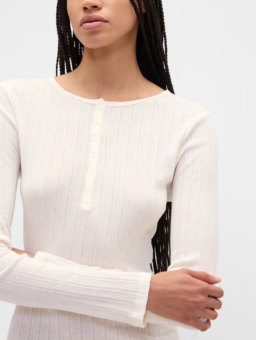 NWT-GAP Cotton Blend Long Sleeve Ribbed Pointelle Henley Ivory T-Shirt - Size XL